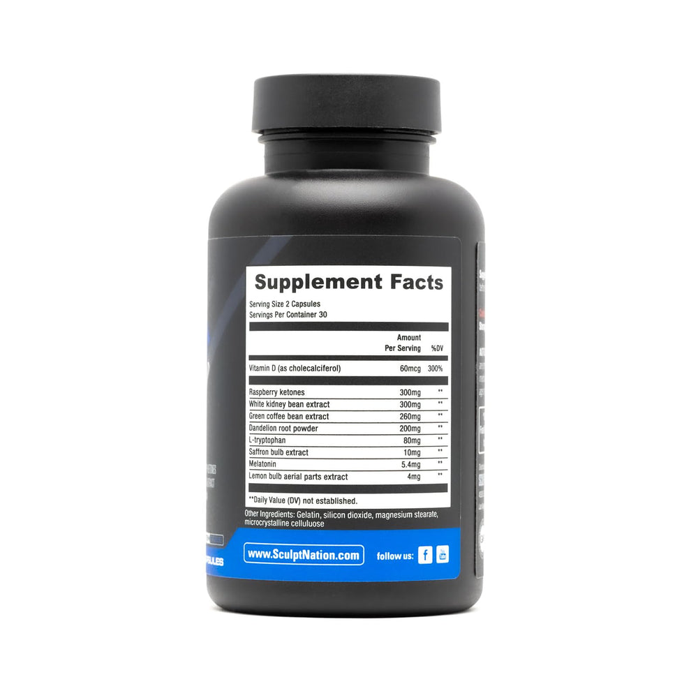 Sculpt Nation Burn PM bottle on nightstand ready for bedtime use