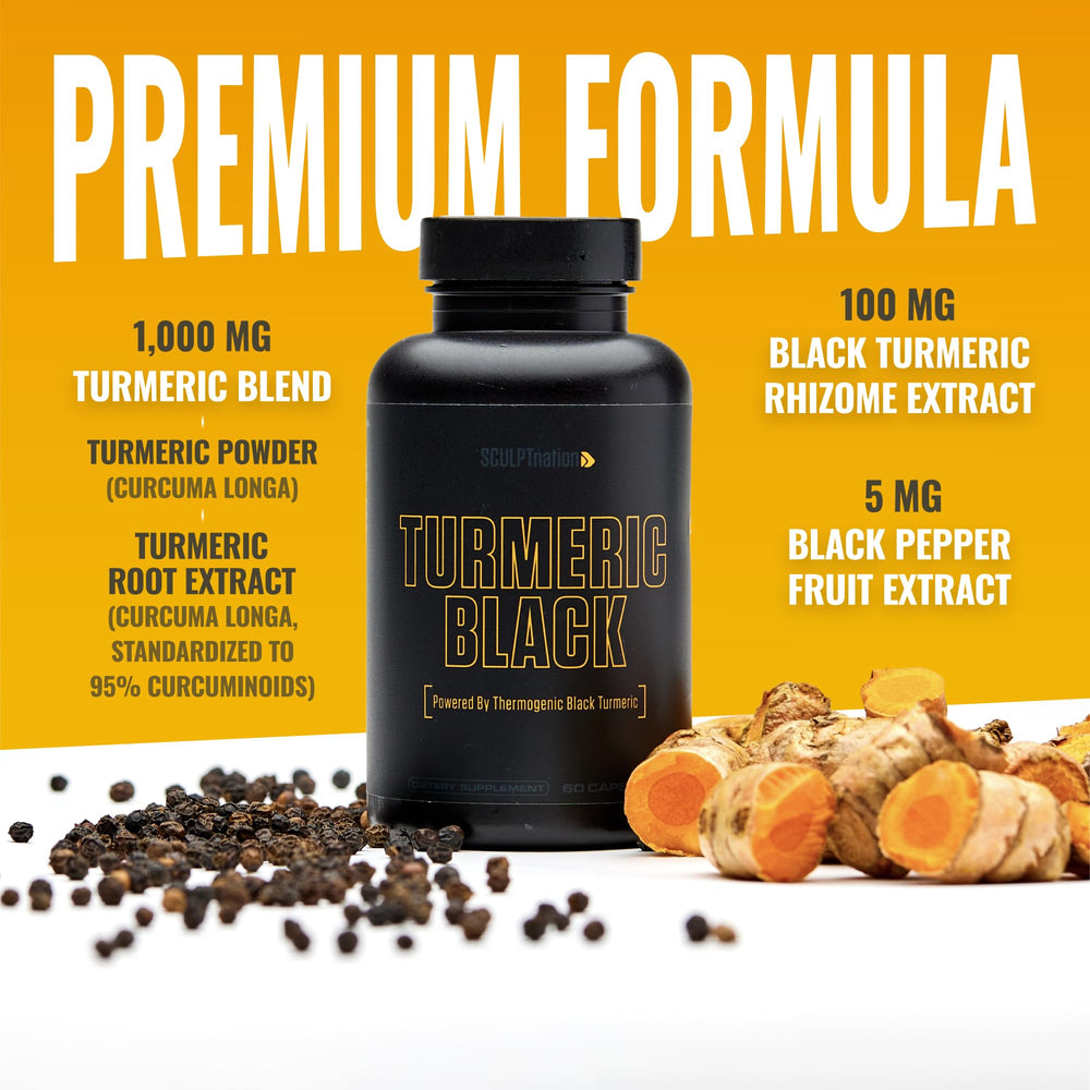 Label highlighting Bioperine and Sirtmax on turmeric bottle