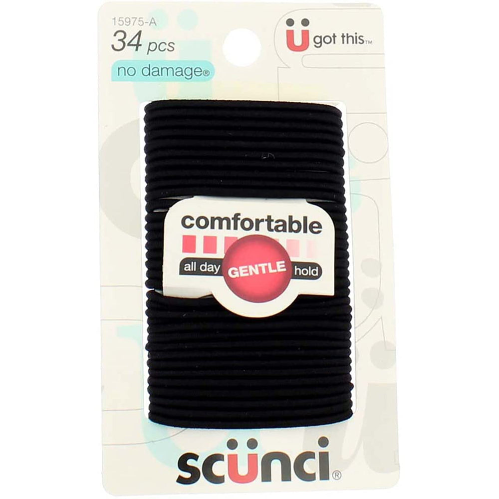 The Scunci Effortless Beauty 3-pack 34-count elastics shown for everyday styling.