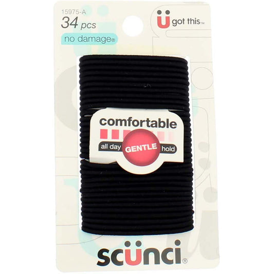 Scunci Effortless Beauty elastics closeup in black 2mm for gentle hold.