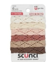 Scunci textured no-damage ponytailers for gentle, secure daily styling.