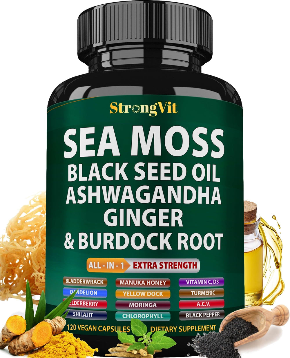 Front label of Sea Moss Black Seed Oil Ashwagandha Ginger 120 capsules bottle