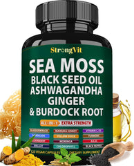 Front label of Sea Moss Black Seed Oil Ashwagandha Ginger 120 capsules bottle