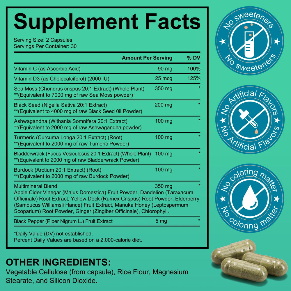 Close-up of Sea Moss Black Seed Oil capsules showing a smooth vegetarian capsule