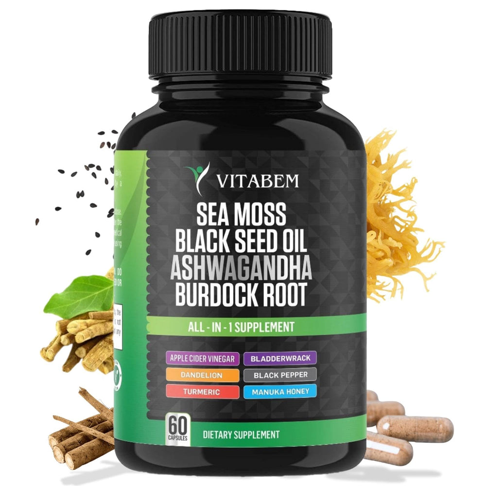 Sea Moss with Black Seed Oil, Ashwagandha, Turmeric and Burdock Root – 60 count bottle