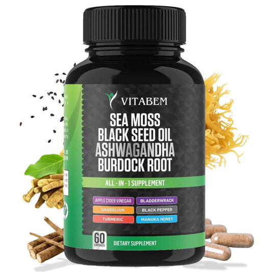 Sea Moss with Black Seed Oil, Ashwagandha, Turmeric and Burdock Root – 60 count bottle