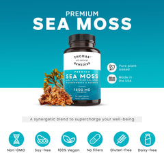 Ingredients panel showing sea moss, bladderwrack, and burdock root
