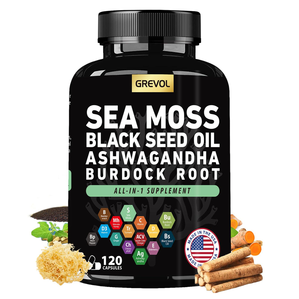 Sea Moss capsules with Ashwagandha, Black Seed Oil, Turmeric and other ingredients in a 120-count bottle