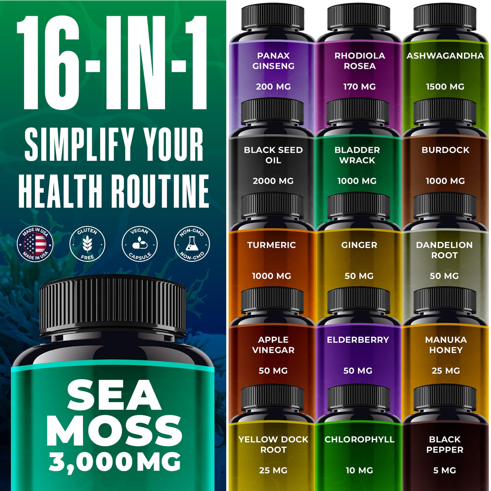 Ingredients panel showing Irish Sea Moss, Black Seed Oil, Ashwagandha, and Ginger