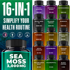 Ingredients panel showing Irish Sea Moss, Black Seed Oil, Ashwagandha, and Ginger