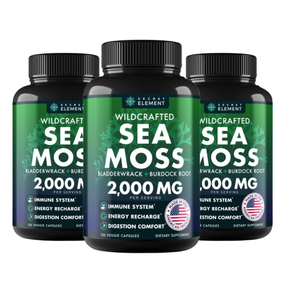 Sea Moss Capsules bottle with Burdock Root and Bladderwrack label