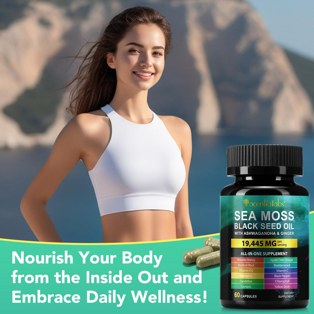 Vegetarian-friendly sea moss capsules packaging and label