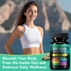 Vegetarian-friendly sea moss capsules packaging and label