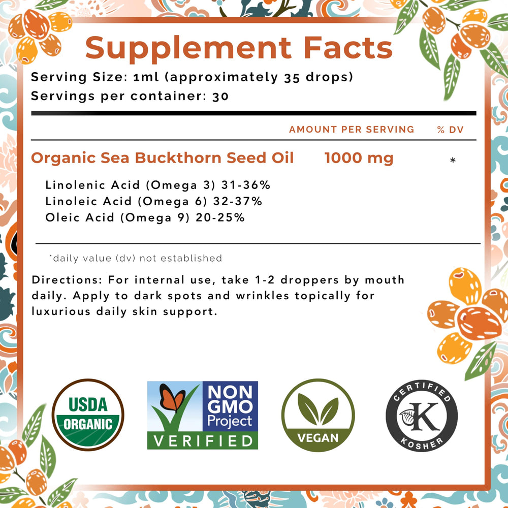 Pouring sea buckthorn seed oil from a bottle