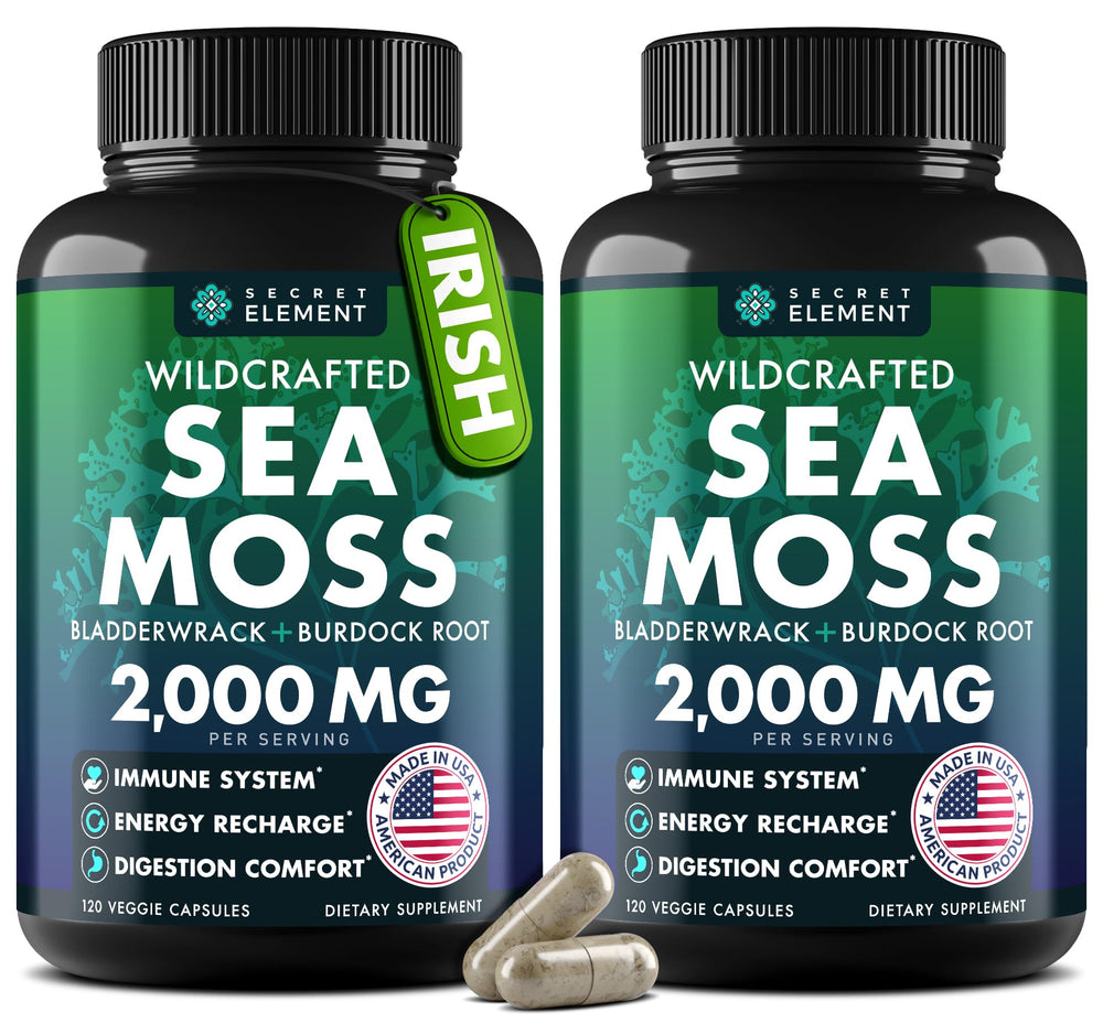 Secret Element Sea Moss Capsules bottle pour showing convenient daily use and potential energy support
