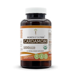 Front view of Secrets of the Tribe Cardamom USDA Organic Capsules bottle with label