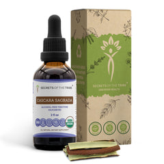 Front view of Secrets of the Tribe Cascara Sagrada USDA Organic alcohol-free extract bottle