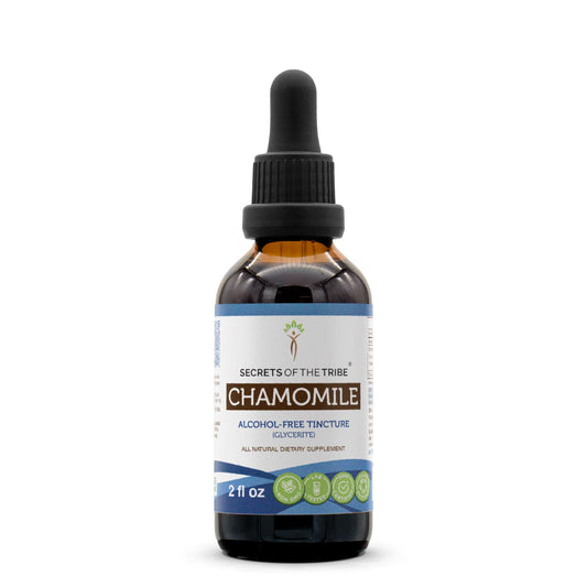 Bottle of Secrets of the Tribe Chamomile Alcohol-Free Liquid Extract on a white background