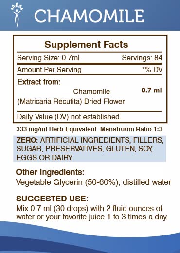 Label on a bottle reading Secrets of the Tribe Chamomile Alcohol-Free Liquid Extract 2 FL OZ