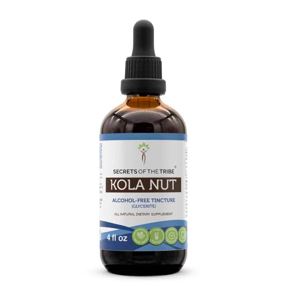 Bottle label for Secrets of the Tribe Kola Nut Tincture Alcohol-Free Extract (4 oz)