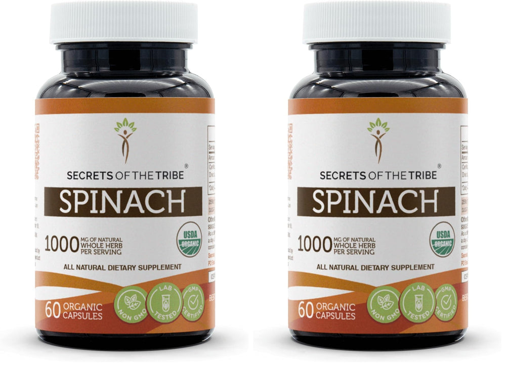 Bottle label of Secrets of the Tribe Spinach 60 capsules