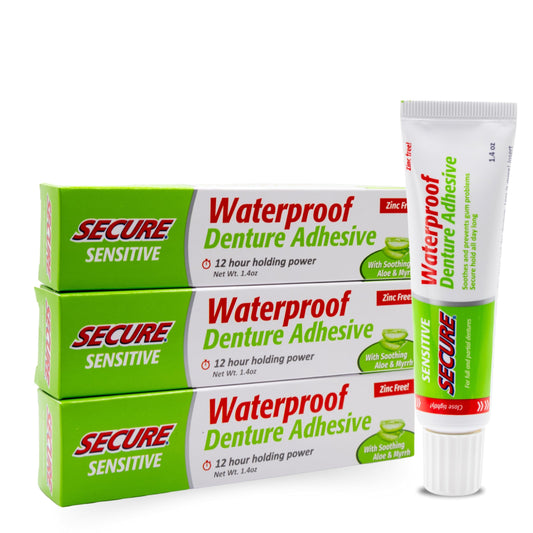 Secure Sensitive Denture Adhesive 3-pack box with zinc-free, waterproof formula
