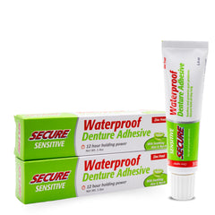 Front view of Secure denture adhesive tube with aloe vera and myrrh