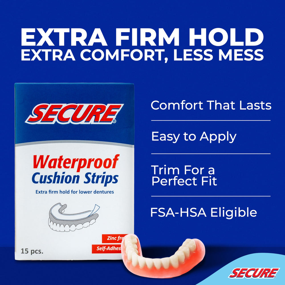 Zinc-free denture adhesive strips for secure all-day hold
