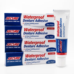 Front view of Secure Waterproof Denture Adhesive 4-pack box (1.4 oz tubes)
