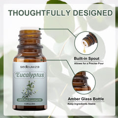Eucalyptus essential oil poured from amber bottle