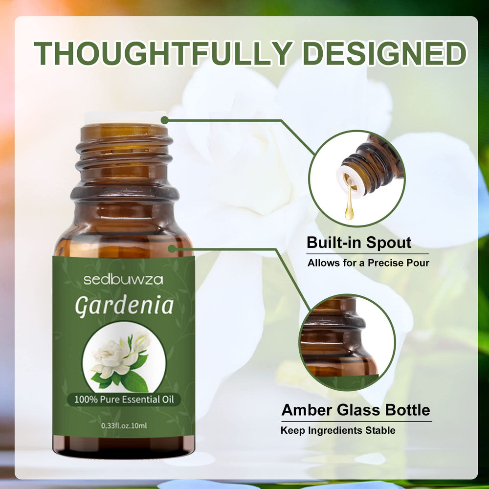 Gardenia essential oil bottle shown with its packaging