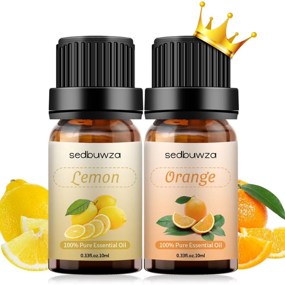 Lemon & Orange essential oil set bottles from Sedbuwza in amber glass