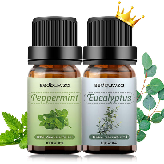 Sedbuwza Peppermint and Eucalyptus essential oil set bottles in amber glass
