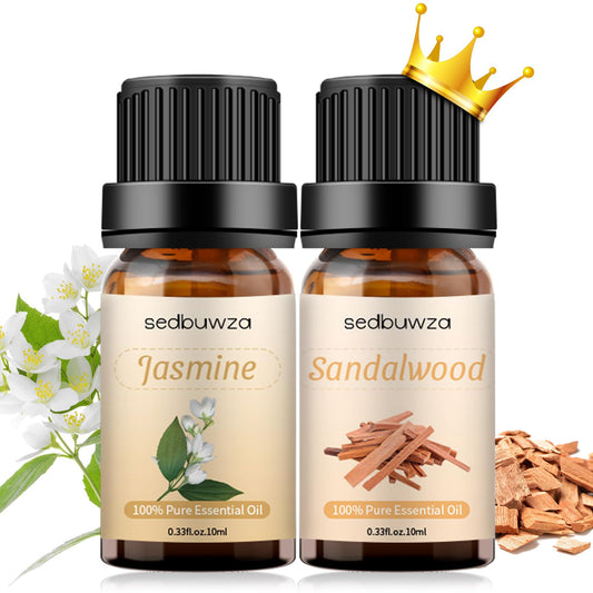 Front view of Sedbuwza Sandalwood Jasmine essential oil set with 2 x 10 ml bottles