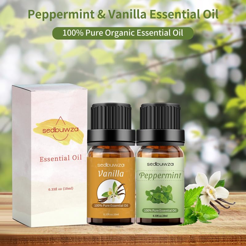 Close-up of amber glass bottles labeled Peppermint and Vanilla