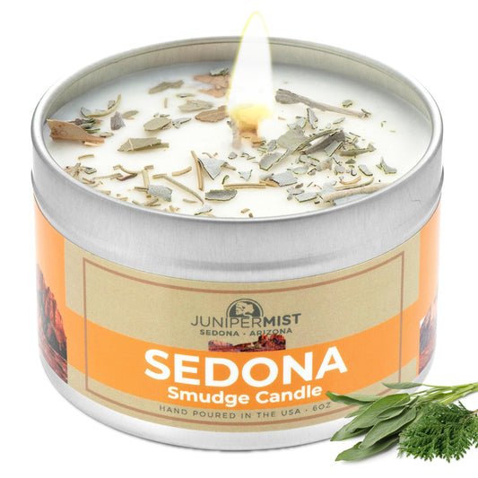 Sedona Smudge Candle 6oz tin with sage, cedar and sweetgrass for energy cleansing