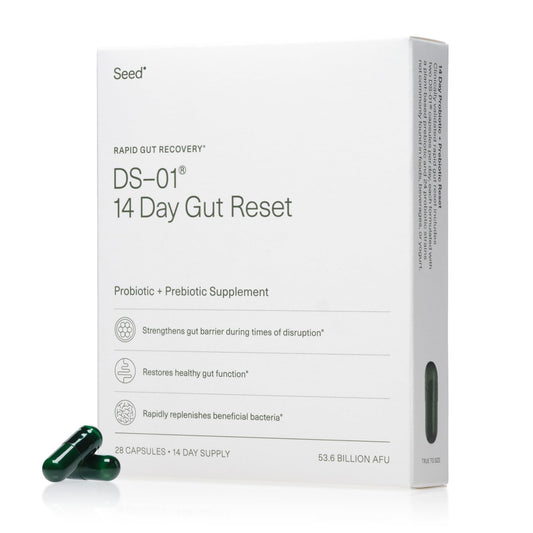 Seed 14 Day Gut Reset hero image with bottle and capsules