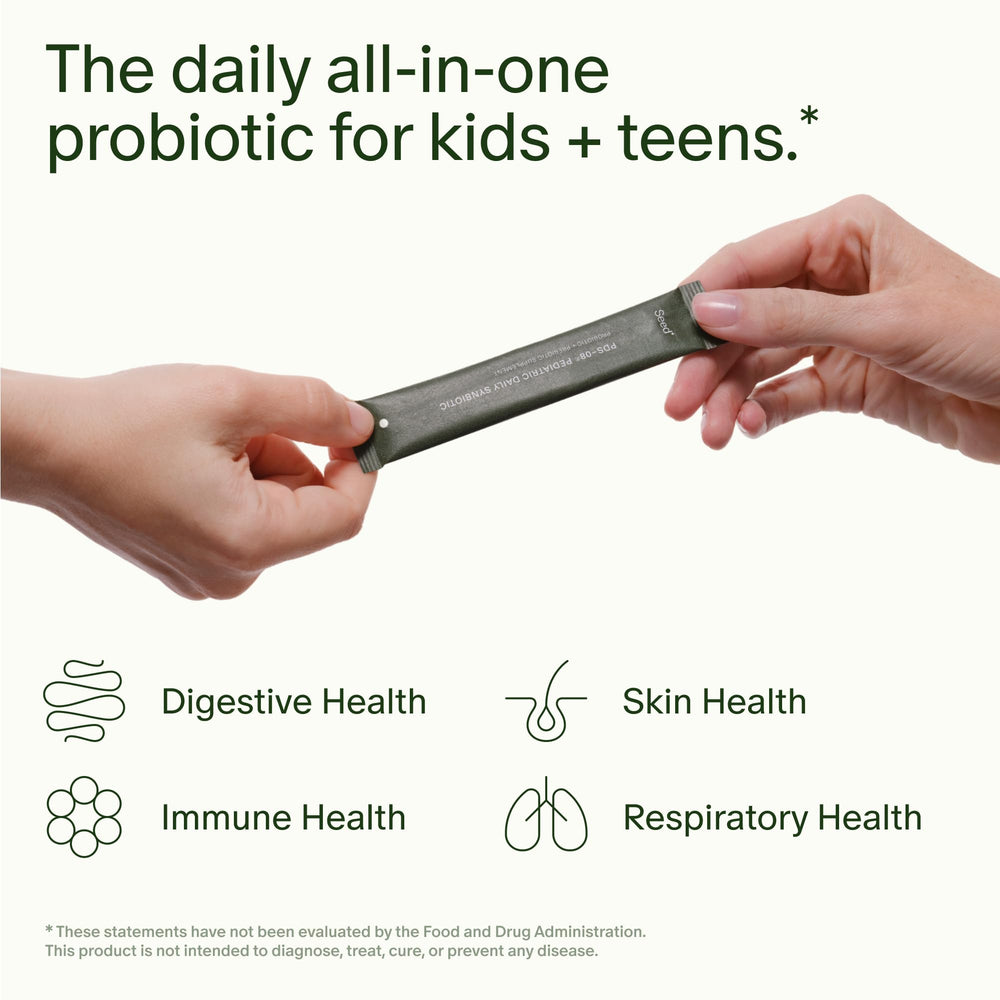 Seed PDS-08 front packaging highlighting vegan, shelf-stable kids supplement.