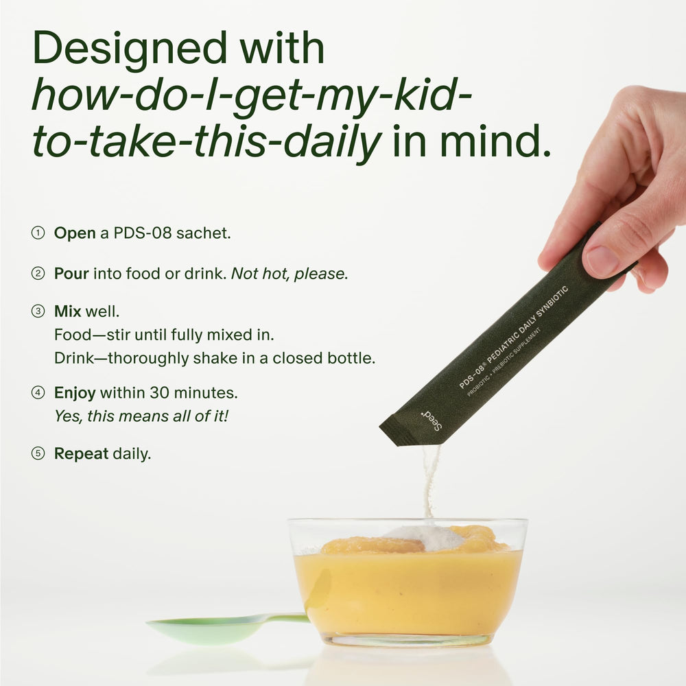 Seed PDS-08 unflavored sachet mixed into food for easy dosing.