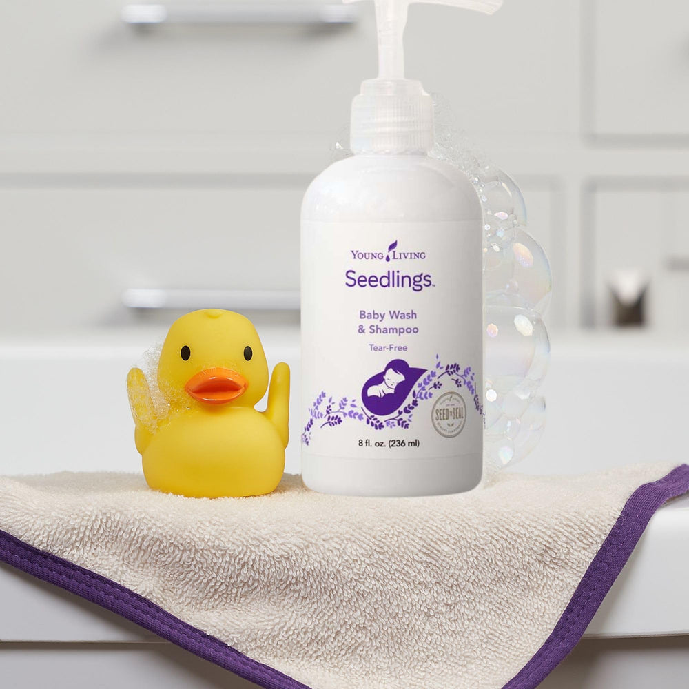 Infant skincare routine setup with baby wash bottle