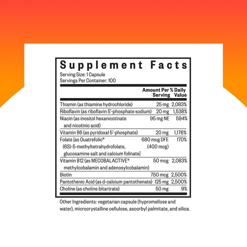 Close-up of the Seeking Health B Complex Plus bottle label highlighting choline and riboflavin