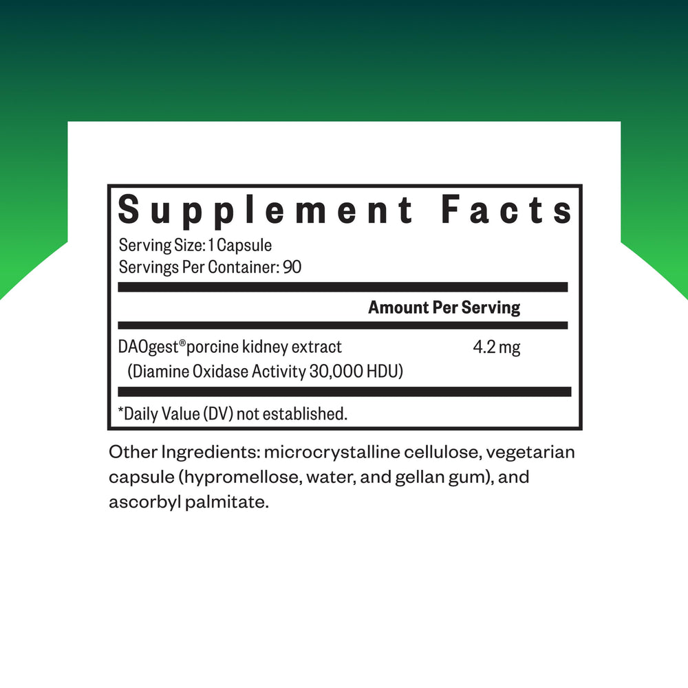 Close-up of Seeking Health DAO Enzyme product label