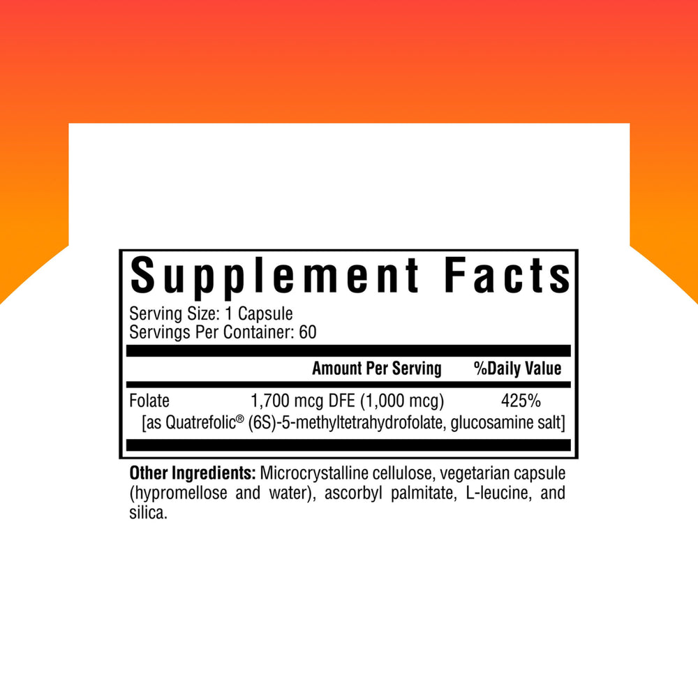 Bottle of Seeking Health L-Methylfolate 1mg 60 capsules on white background