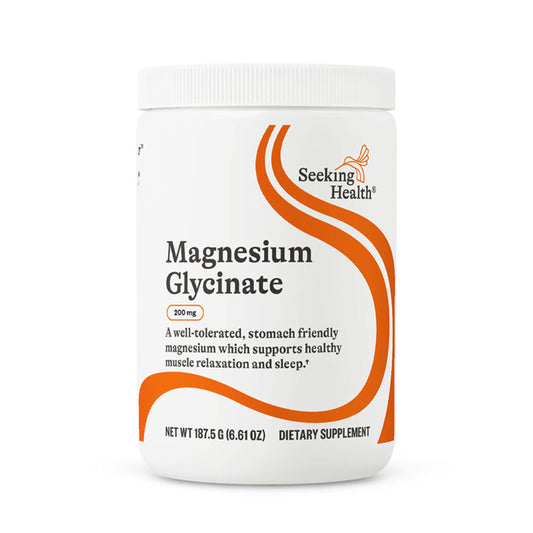 Seeking Health magnesium glycinate powder bottle showing 200 mg per serving
