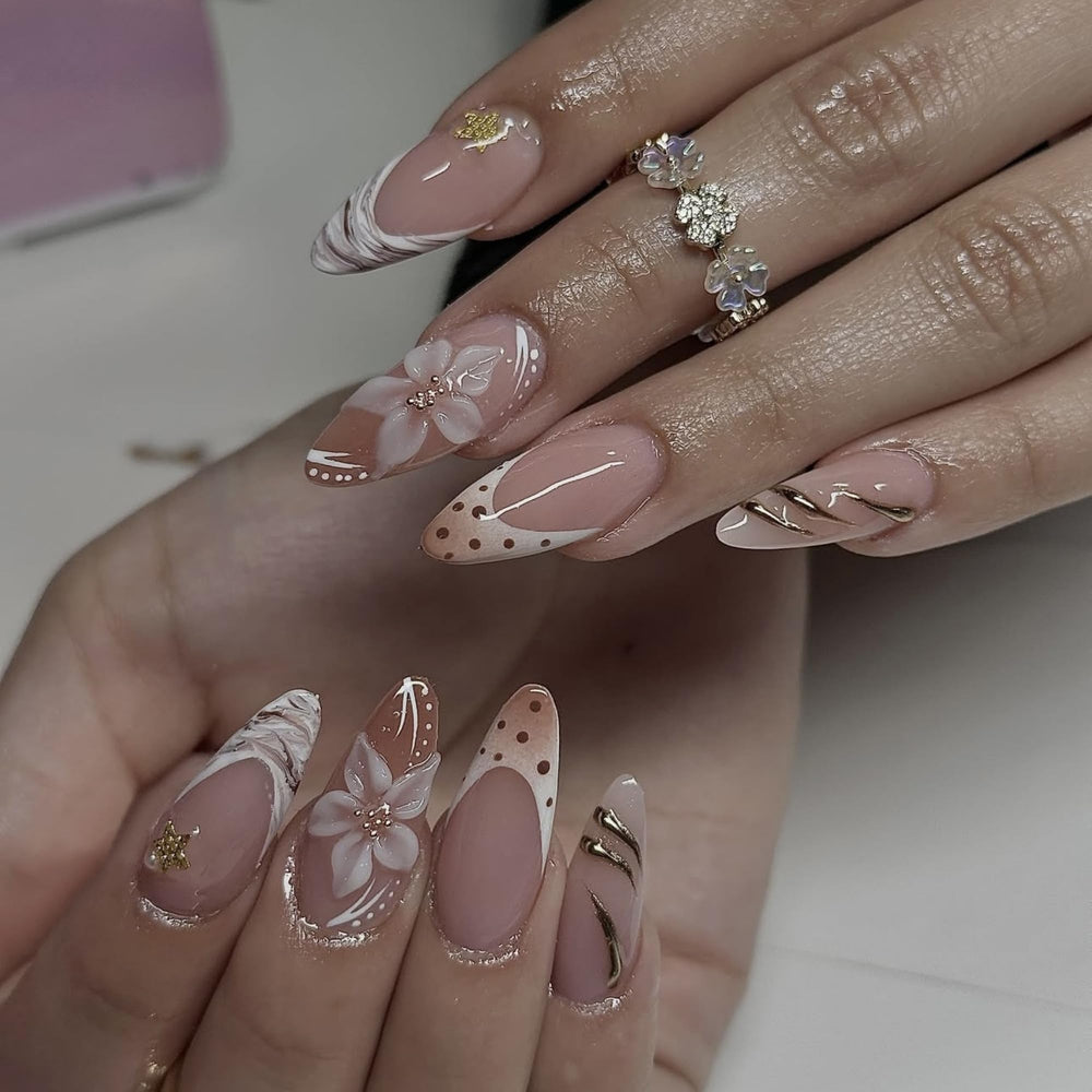SEENEEY easy-apply nails in brown with 3D flowers for quick, stylish nails