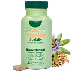 Semaine Daily Hormone Balance bottle front highlights hormone support for clearer skin and balanced mood