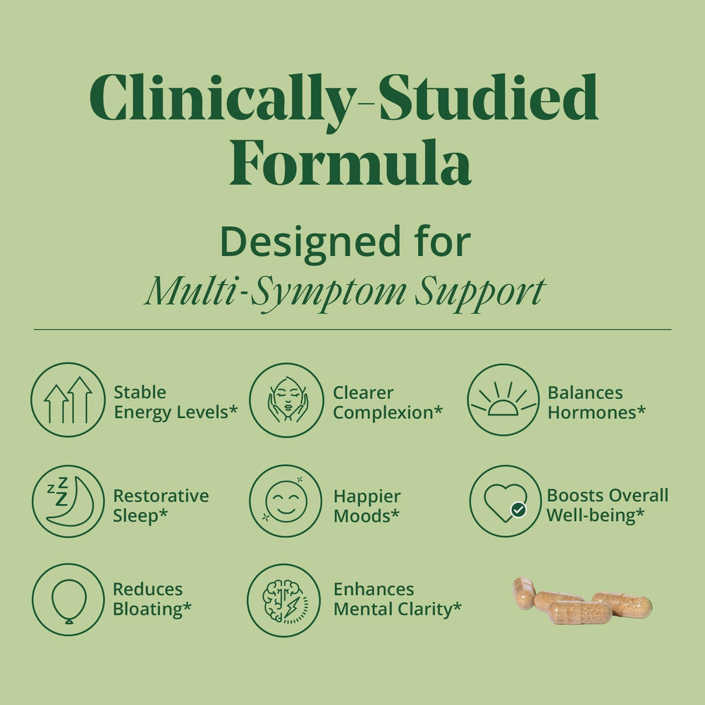 Semaine Daily Hormone Balance bottle label shows vegan capsule benefits for energy and sleep