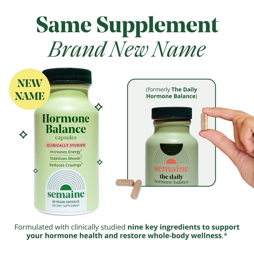 Semaine Daily Hormone Balance bottle label shows vegan capsule benefits for energy and sleep