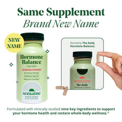 Semaine Daily Hormone Balance bottle label shows vegan capsule benefits for energy and sleep