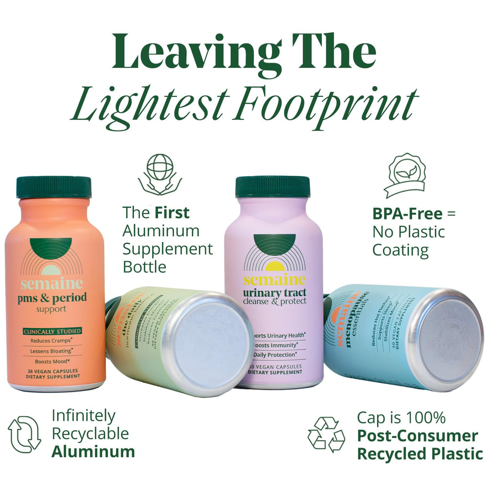 Semaine Daily Hormone Balance bottle with seal emphasizes USA-based, ethically sourced ingredients